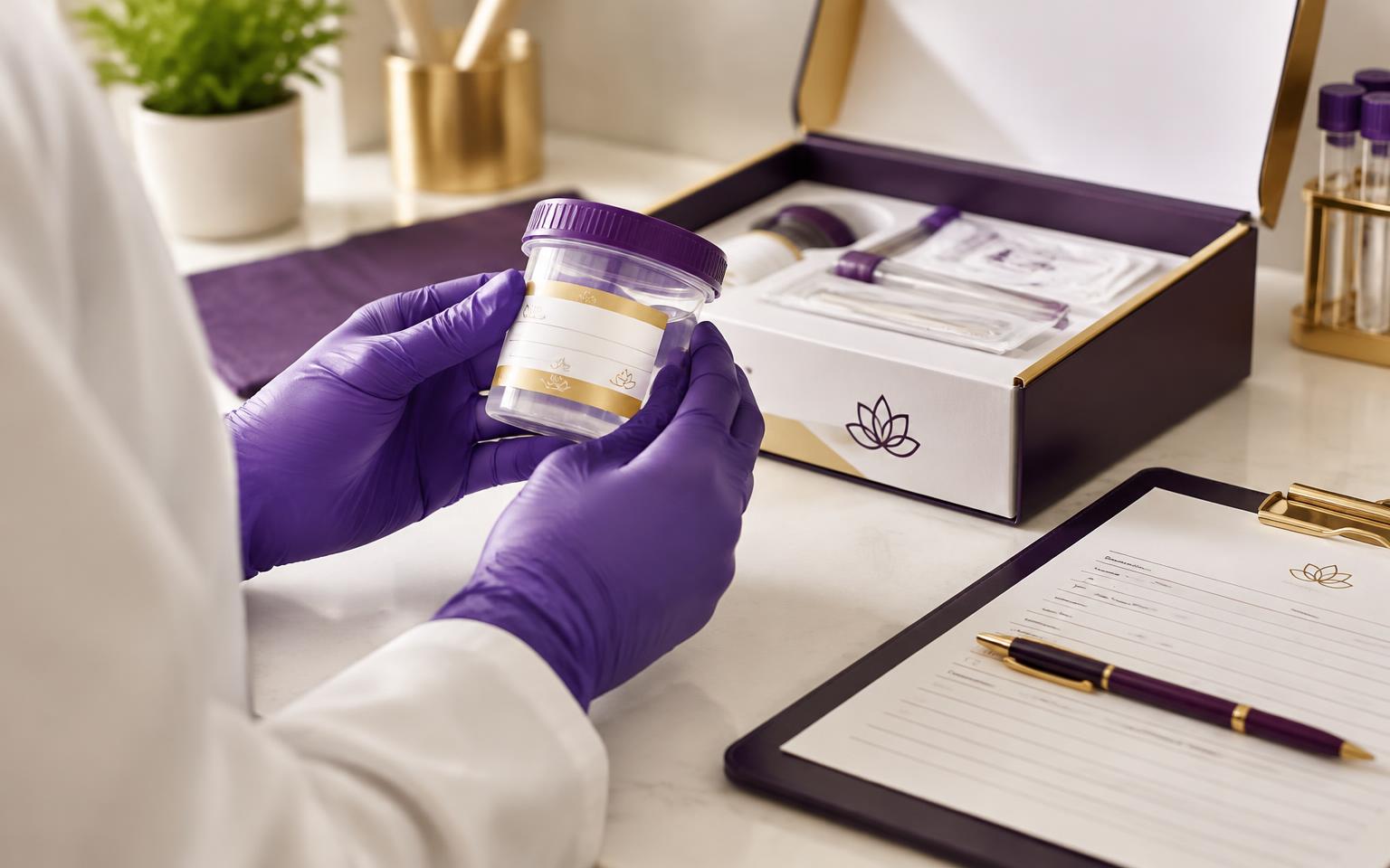 Gloved hands holding a sealed specimen cup with a collection kit