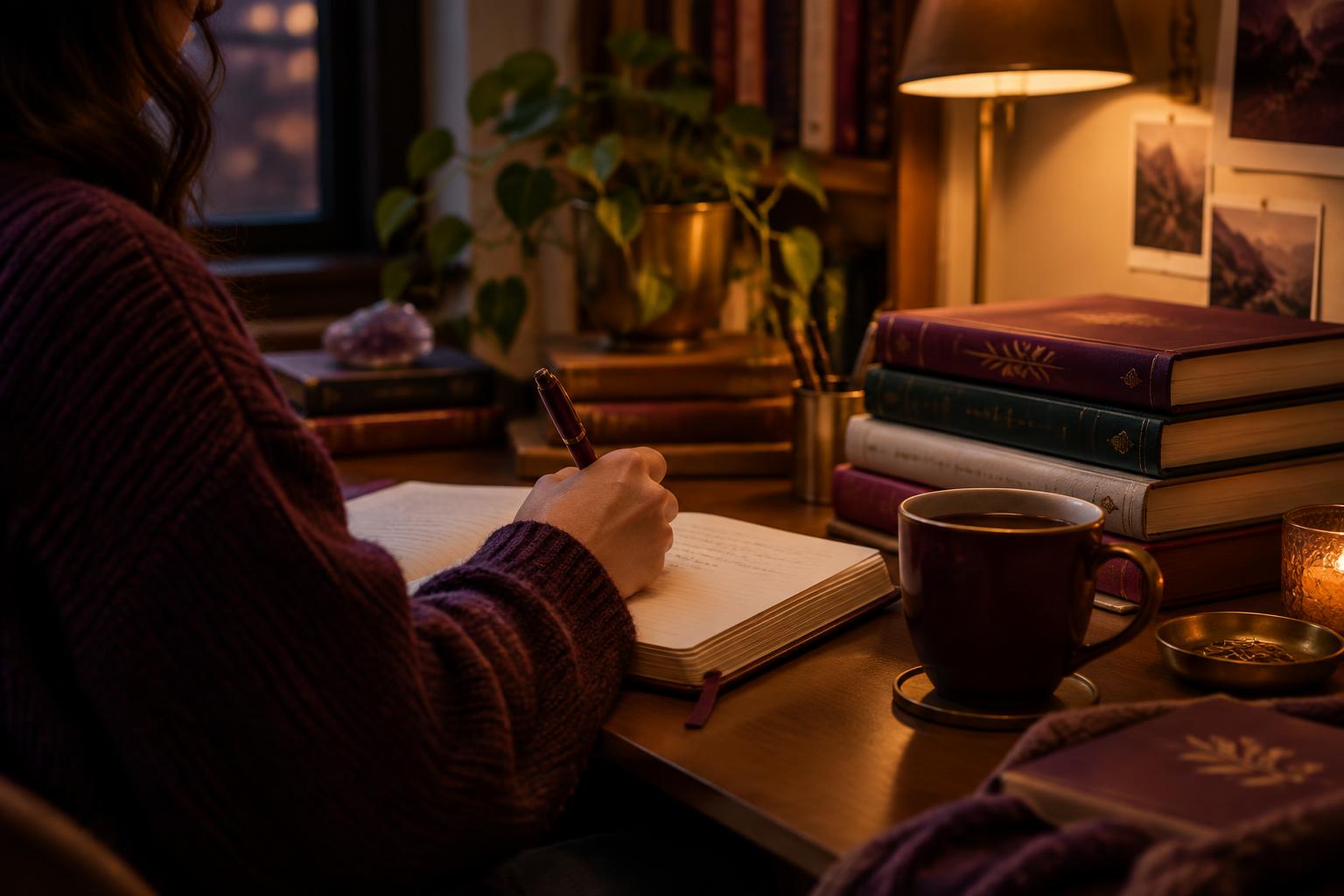 An adult student journaling at a warm desk with books and coffee
