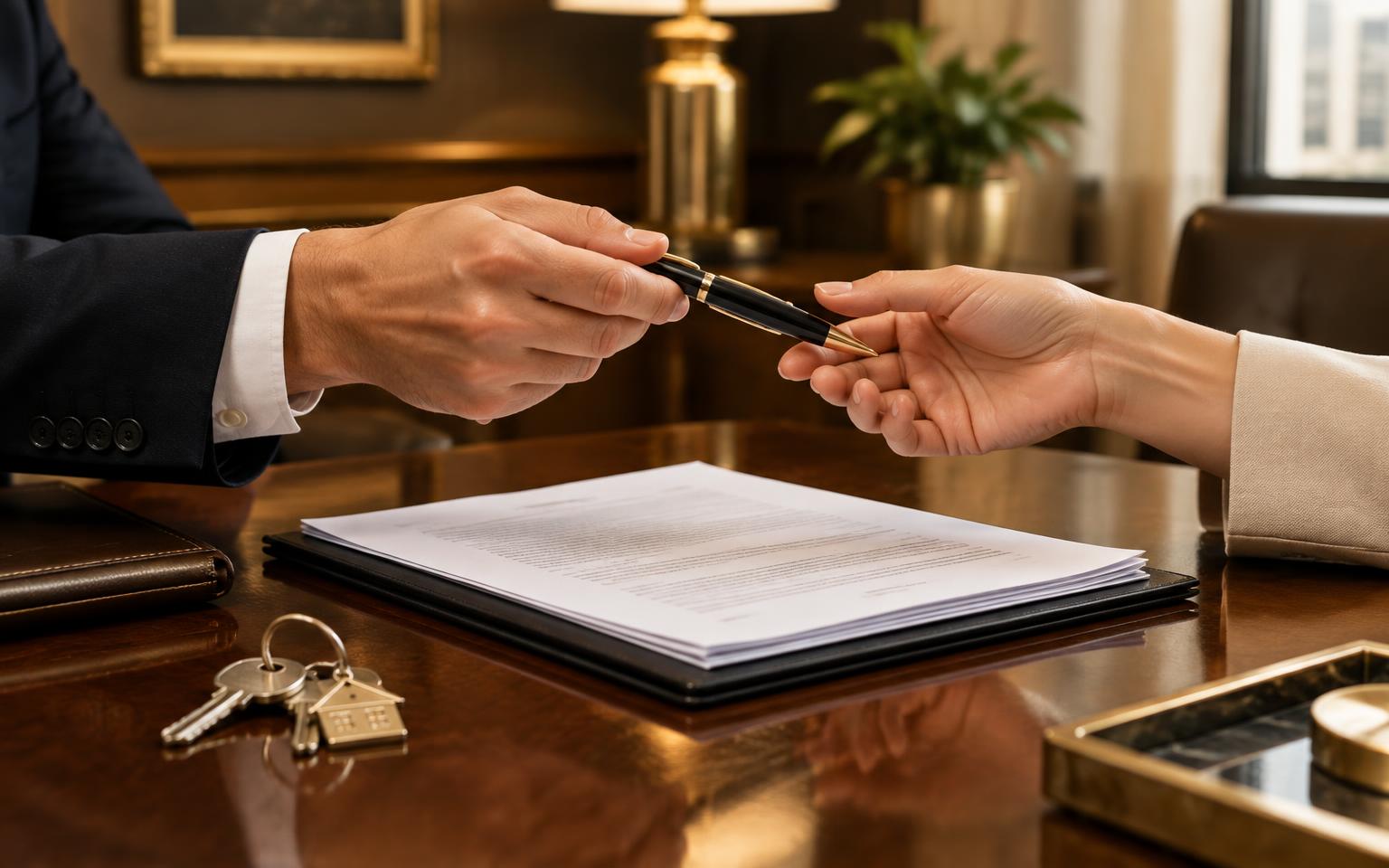 A pen being handed over loan documents with house keys on the desk