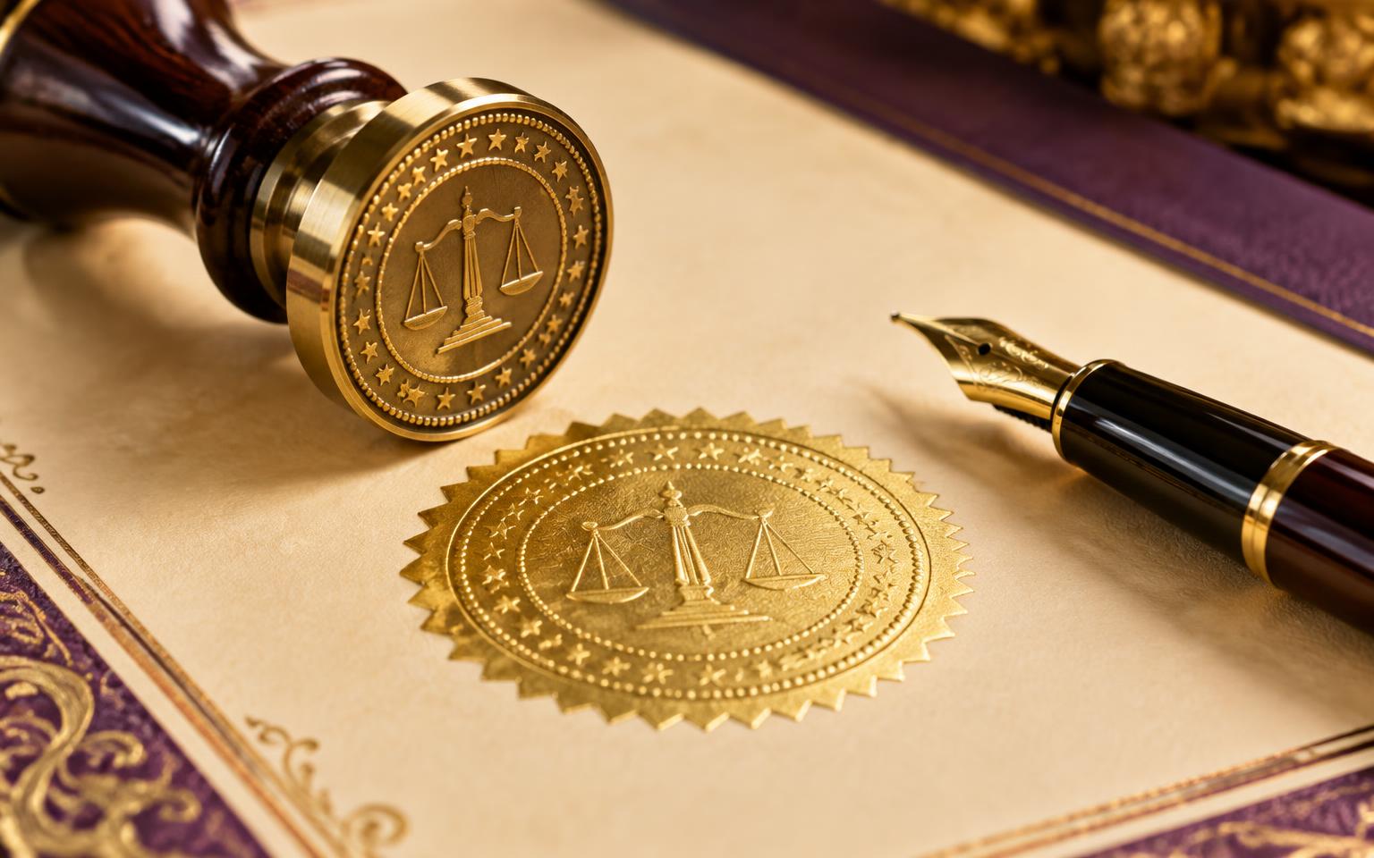 Gold notary seal and stamp on an official certificate