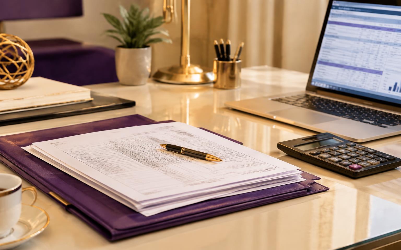 Tax documents, calculator and laptop on an elegant desk